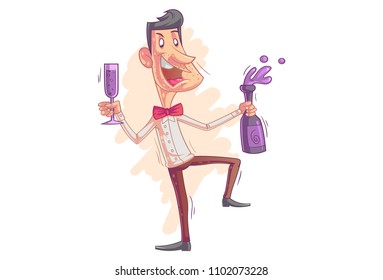 Vector cartoon illustration of a man dancing with wine glass and bottle.