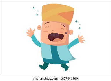 Vector cartoon illustration. Man is dancing and happy. Isolated on white background. 