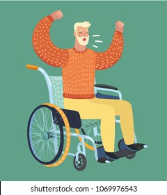 Vector cartoon illustration of man disabilities sitting in wheelchair. Swears, shouts, gets angry.