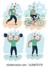 Vector cartoon illustration of man doing hard exercises with barbell and dumbbell riding bike, running at the park and cardio. Beginner try to lose weight or join to sport culture or relieve stress.