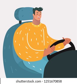 Vector cartoon illustration of man driving a car.
