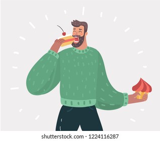 Vector cartoon illustration of man eating pie or cake. Male sweet tooth character on white bakcground.