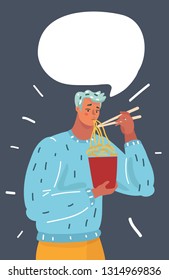 Vector cartoon illustration of man eating noodles using Chopstick. Bubble speech above him. Human character on dark background.