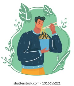 Vector cartoon illustration of A man eating hot and spicy noodle.