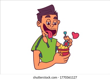 Vector cartoon illustration. Man is eating ice cream with a spoon. Isolated on white background.