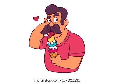 Vector cartoon illustration of man eating ice cream. Isolated on white background.