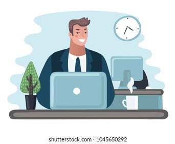 Vector cartoon illustration of man entrepreneur in a suit working on a laptop computer at his clean and sleek office desk. Modern style character. Overtime, came earlier, left after all.