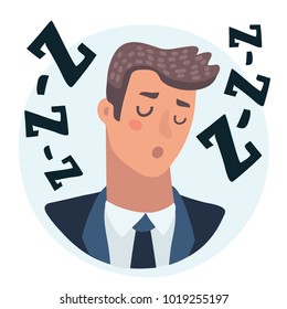 Vector cartoon illustration of Man face emotive icon. Male character resting with closed eyes sleeping, wheezing, snoring, sleepy, bored man. Human psychological portrait. For app, web design.