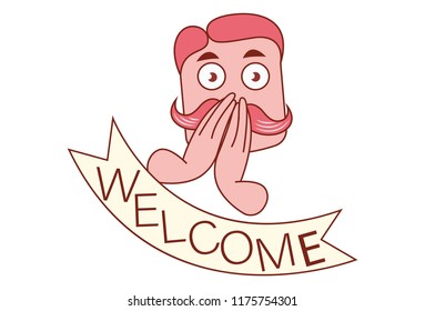 Vector cartoon illustration of  man face with mustache and greet hand. Saying welcome. Isolated on white background.