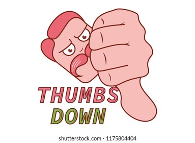 Vector cartoon illustration of man face with mustache and hand sign.Lettering thumbs down. Isolated on white background.,