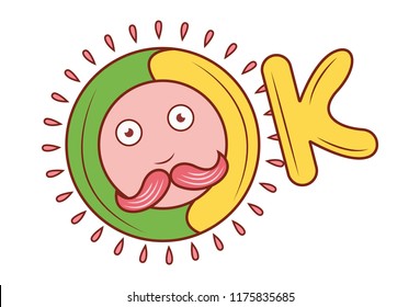 Vector cartoon illustration of man face with mustache in circle .Lettering OK . Isolated on white background.