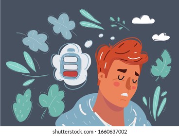 Vector cartoon illustration of man falling asleep at his work, tired concept in sleeping, dozing, relaxing, take a break or lazy at working.