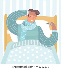 Vector Cartoon Illustration Of Man Feeling Bad Lying In The Bed And With Flu Taking Her Temperature In Bed.