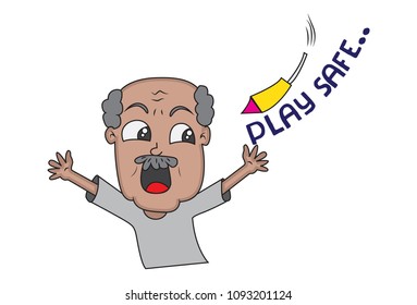 Vector Cartoon Illustration Of Man And  Firecracker. Isolated On White Background. 