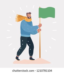 Vector cartoon illustration of Man with flag on a white background. Successful goal achievement symbol. Human character on white isolated background.
