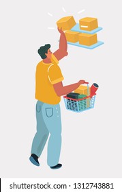 Vector cartoon illustration of man with full basket take item from shelves in shop. Human character on white background.