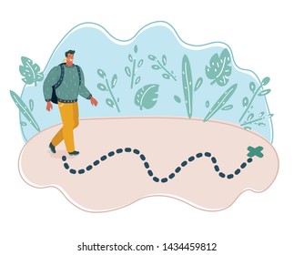 Vector cartoon illustration of Man go on route.Destination and route is looking for. Travel concept.