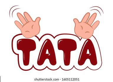 Vector cartoon illustration of man hand. Tata hindi text translation - byee. Isolated on white background.