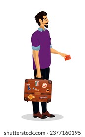 Dibujo vectorial de un personaje hipster en un aeropuerto sobre la caricatura de Vector blanco, ilustración de un personaje hipster en un aeropuerto de fondo blanco.