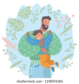 Vector cartoon illustration of the man and his son are hugs his father. They are happy and smiling. Human characters.