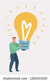 Vector cartoon illustration of man hold a big light bulb. Giant good idea. Concept of business success, solution.