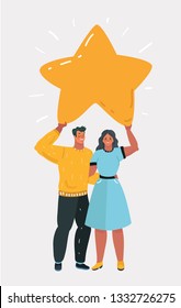 Vector cartoon illustration of man hold a big gold star. Victory, rating. Human couple character with reward. Victory together. Human character on white.