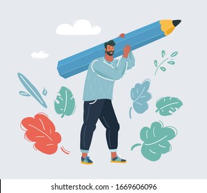 Vector cartoon illustration of Man hold big pencil. Writer, bloggers, journalists, interviewer, screenwriter, copywriter, author, draftsman concept on white background.