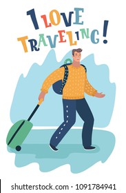 Vector cartoon illustration of man holding travel bag. He love traveling.