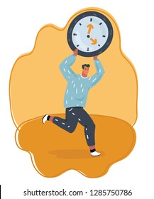 Vector cartoon illustration of man holding big digital clock and running. Male character and time management symbol. Deadline and delay concept.