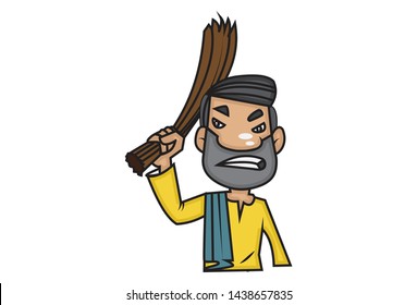 Vector cartoon illustration of man holding broom. Isolated on white background.