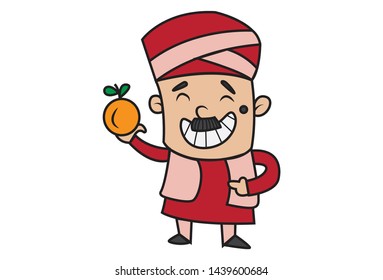 Vector cartoon illustration of man holding orange in hand. Isolated on white background.