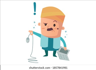 Vektorgrafik-Illustration. Der Mensch hält Laptop und Maus in der Hand. Einzeln auf weißem Hintergrund. 