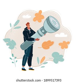 Vector Cartoon Illustration Of Man Holding Big Glowing Pocket Torch Light In His Hands.