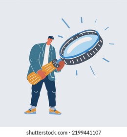 Vector cartoon illustration of man holding magnifying glass, lens icon. Searching, researching with lupe, magnifier tool. Discovery, analysis, scrutiny concept.