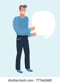 Vector cartoon illustration of man holding speech bubble in hands. Point to place to Says something important. Character on white isolated background