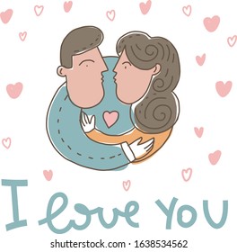 Vector cartoon illustration. Man hugging woman.  I love You concept design. Hand drawn vector lettering. 