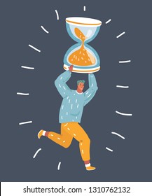 Vector cartoon illustration of man hurry up and running for rush hour. Tiny character with big hourglass on his shoulder. Dark night background. Deadline and lack or time concept.