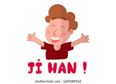 Vector cartoon illustration of man. Ji han Hindi text translation oh yes. Isolated on white background.  