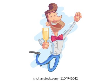 Vector cartoon illustration of man jumping  with beer glass.