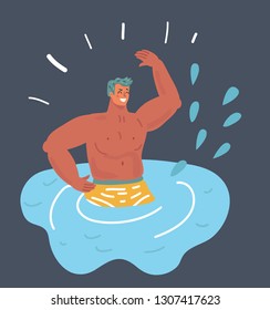 Vector cartoon illustration of Man Jumping into the Sea. Splash and swim in water. Summer vacation concept.