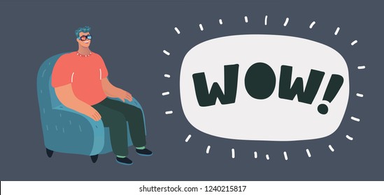 Vector cartoon illustration of man laughing at TV screen watching comedy show or funny film. Recreation scene. Male character on dark.