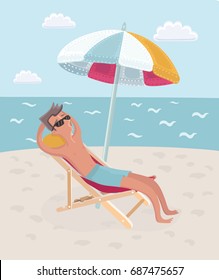 Vector cartoon illustration of man lies on the deck chair under umbrella on the beach. Sea or ocean cost background behind