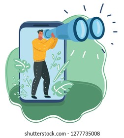 Vector cartoon illustration of man looking through binoculars. Lead Navigator, data collection, research concept, male character look out the smartphone display.