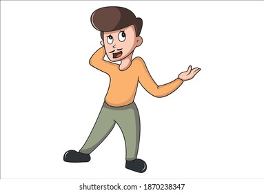 Vector cartoon illustration. Man is looking upside and giving hand expression. Isolated on white background.