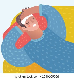 Vector cartoon illustration of cartoon man lying with a compress on the forehead on sofa and suffering with headache. Close up view.