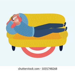 Vector cartoon illustration of cartoon man lying with a compress on the forehead on sofa and suffering with headache. Male character on isolated background.