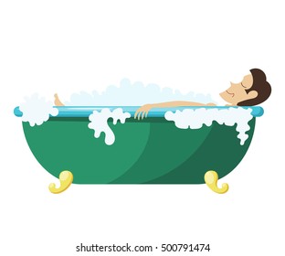Vector Cartoon illustration of a man lying in the bath. Young man relaxes in the bath. Man, foam, bath