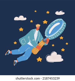 Vector cartoon illustration of man with magnifying glass and flying over dark backround