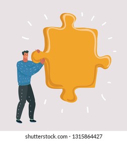 Vector cartoon illustration of man making a puzzle. Character with big giant piece.
