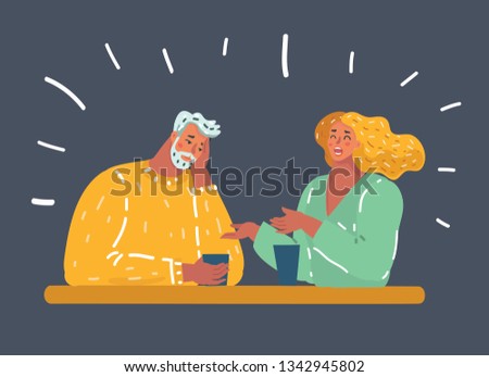 Vector cartoon illustration of man making an exasperated expression gesture on a bad date at the restaurant. Woman tells boring stories. Evening unsuccessful date.